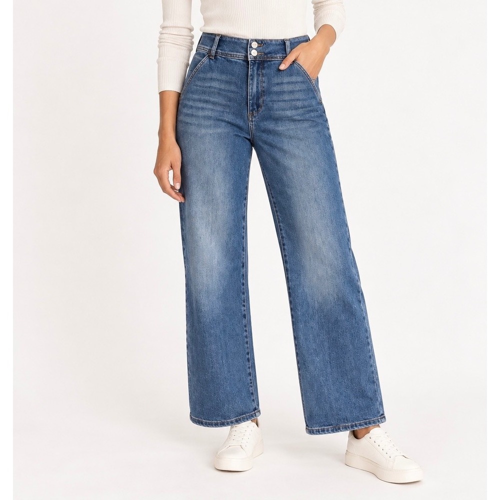 Risen Jeans High Rise Wide Leg Medium Wash Double Button Jeans 11/30
